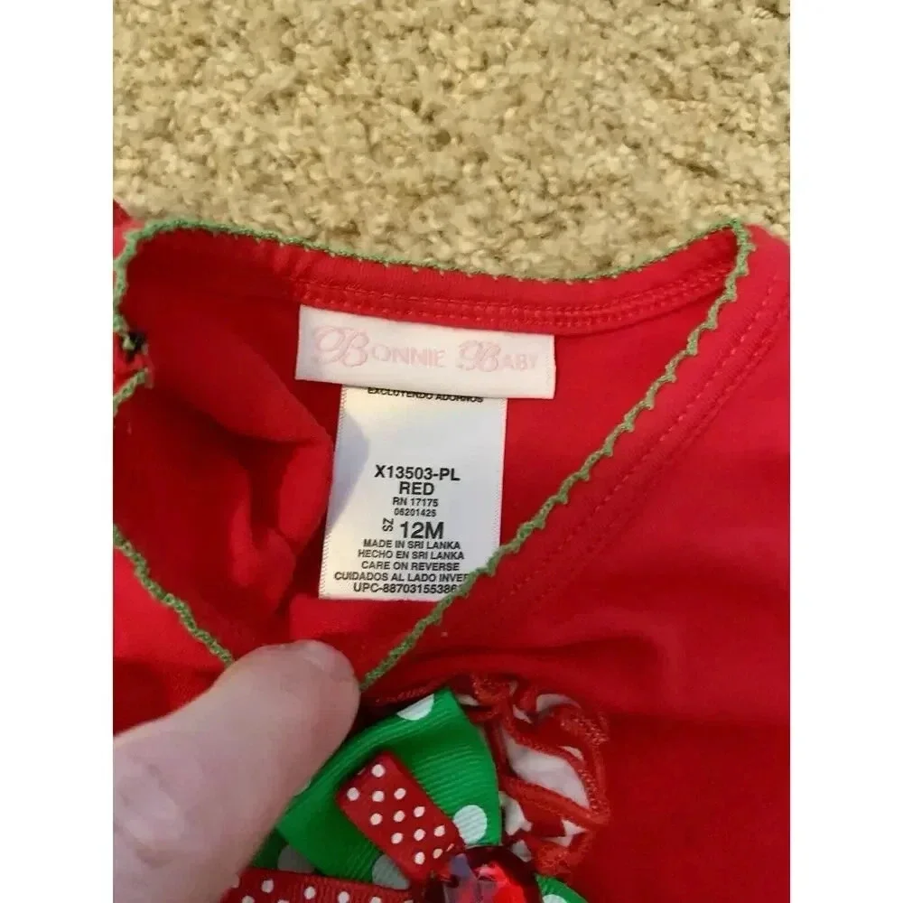 Bonnie Baby Candy Cane Christmas LS Dress Red White Green 12M NWOT Girl Infant